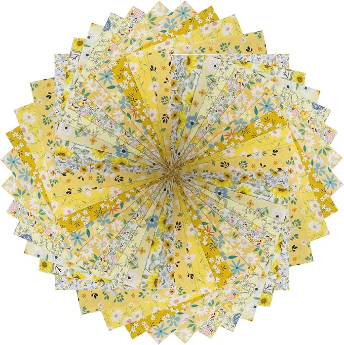 HANPATQUI 50PCS 10 x 10 inch 100% Cotton Fat Quarters Fabric for Sewing and Quilting Bundles Precut Fabric Square for DIY Craft Patchwork-Yellow Printed