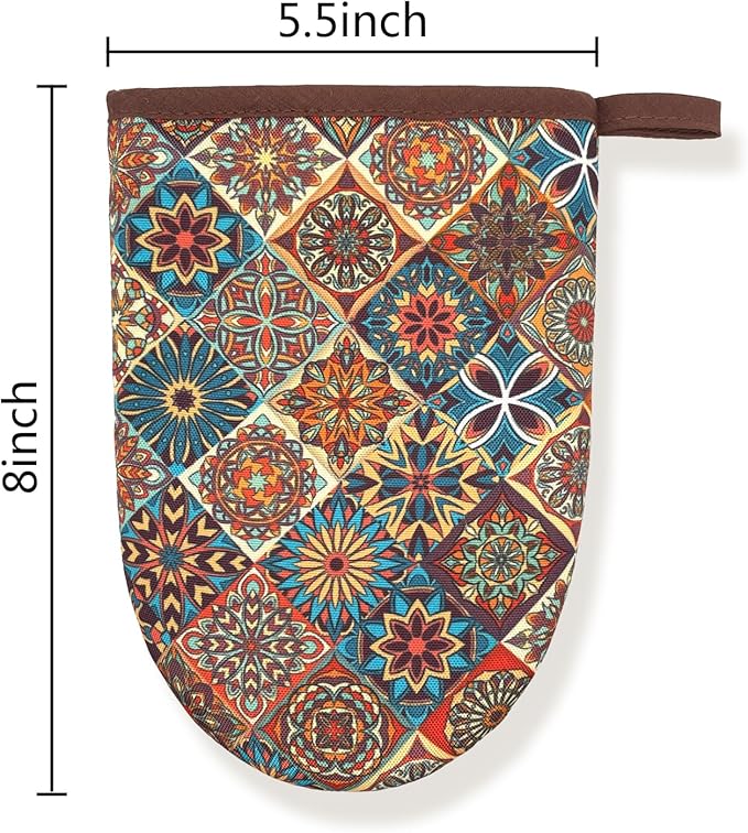 Vintage Bohemian Boho Mandala Floral Mini Silicone Oven Mitts, Heat Slip Resistant Kitchen Gloves 2-Pack Set, Soft Short Small Oven Mittens Pot Holders for Baking Grilling Barbecue Microwave Gift
