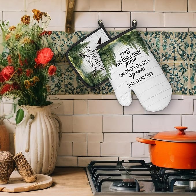 Camper Camping Gifts Oven Mitts and Pot Holders Sets, Camping Rustic Mountain Kitchen Accessories Sets, Rustic Into The Woods Heat Resistant Oven Glove Potholders for Kitchen Cooking Baking BBQ