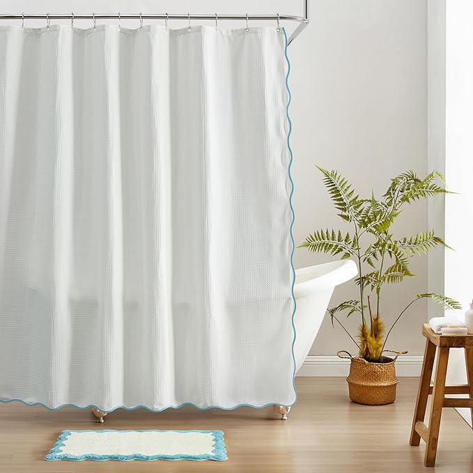 MONDAY MOOSE Scalloped Waffle Weave Shower Curtain with Rustproof Metal Grommet Holes for Bathroom, Machine Washable, Hooks Included (72x72 inch, Sky Blue/White)