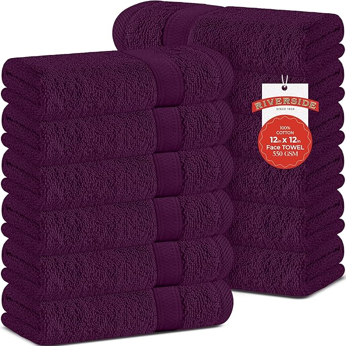 RIVERSIDE 12 Pack Premium 100% Cotton Face Wash Cloths, 12 x 12 Inches, Soft & Absorbent Face Towels for Bathroom Wash Clothes, 550 GSM, Luxury WashCloths for Showering, Body, Spa & Gym, Purple