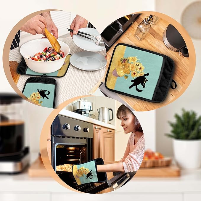 Funny Black Cat Flower Pot Holders with Pockets, Cat Kitchen Decor, Abstract Painting Black Kitten Oven Pot Holders Heat Resistant Oven Mitts Hot Pads for Kitchen Baking Cooking