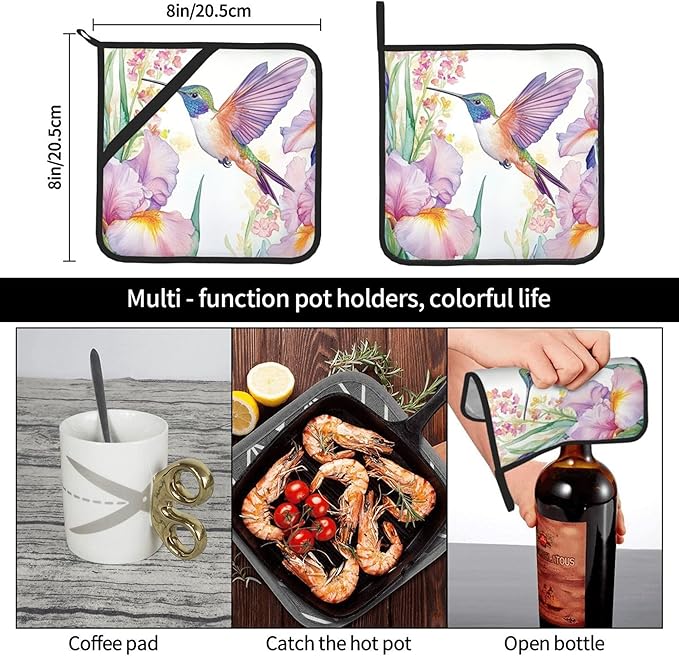 Spring Floral Hummingbirds Pot Holders Set of 2 Summer Botanical Kitchen Decorative Heat Resistant Potholder Cotton Lining Oven Hot Pads for Kitchen Cooking Baking Microwave Oven End Dishes BBQ Gifts