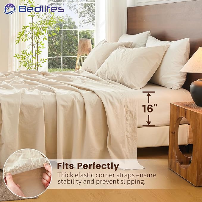 Bedlifes 100% French Pure Linen Sheets Queen Size Breathable and Cooling Flax Sheet Set Soft Durable and Moisture Wicking 16 Inch Deep Pocket-4 Piece(Queen,Linen)