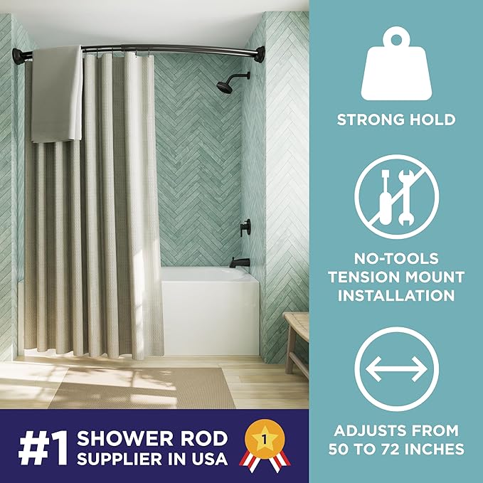 Zenna Home Rustproof Double Curved Shower Curtain Rod, No Drill Tension Mount, 50 to 72 Inches Adjustable Tension Shower Rod for Bathroom, Curves Out for Extra Room, Matte Black