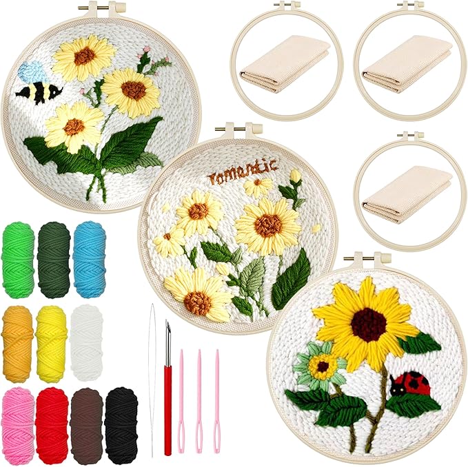 Allazone 3 Set Punch Needle Embroidery Kits, Punch Needle Kits for Adults Beginner with Sunflower Pattern, Instruction, Plastic Hoop, Yarn and Embroidery Handle Needle Pen