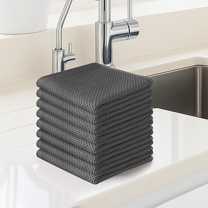 FreeNook 100% Cotton Waffle Weave Kitchen Towels, 8 Pack Dish Cloths for Washing Dishes, Ultra Soft Absorbent Dish Towels, Quick Drying Kitchen Rags, 12x12 Inches, Dark Grey
