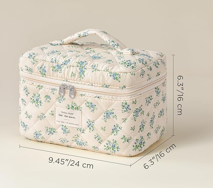 HBselect Christmas Gifts Large Quilted Makeup Bag, Cute Cotton Travel Makeup Bag with Handle, Portable Coquette Floral Make up Bags, Toiletry Organizer Make up Bags for Women Teen Girls Mom
