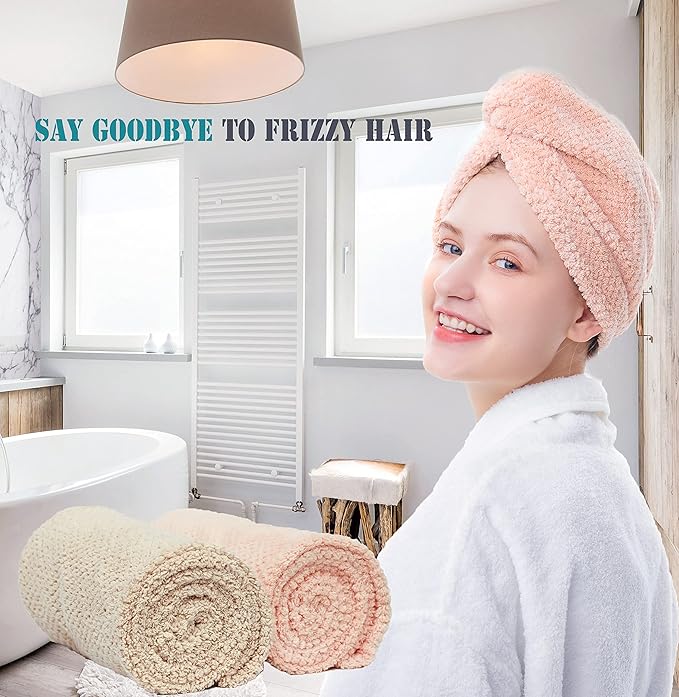 ELLEWIN Hair Towel Wrap 2 Pack, Microfiber Hair Drying Shower Turban with Buttons, Super Absorbent Quick Dry Hair Towels for Curly Long Thick Hair, Rapid Dry Head Towel Wrap for Women Anti Frizz