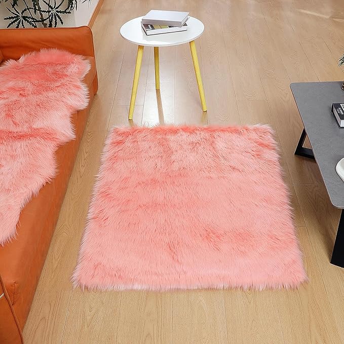 Faux Fur Rug Sheepskin Shag Fluffy Fuzzy Pink 3x4 ft Rugs for Bedroom Bedside Bed Floor Living Room Plush Rectangle High-Density Cushion Carpet Super Sofa Cover