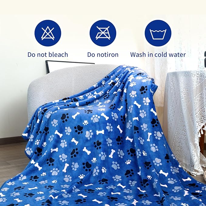 AIWEK Dog Blanket Paw Bone Pattern 1 Pack 2 Super Soft Warm Flannel Sofa Cover Car Bed Protector, Urine Proof Washable Outdoor Pet Blanket for Puppy Large Dogs & Cats,60"*50" Blue