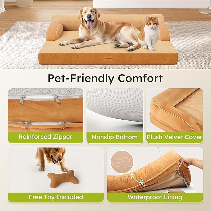 CWAWZ Large Orthopedic Dog Bed, Pet Bed Large Size Dog, Dual-Sided Cooling Beds with Memory Foam Washable Cover Nonslip Bottom, Waterproof Pet Beds with Bolsters, Brown