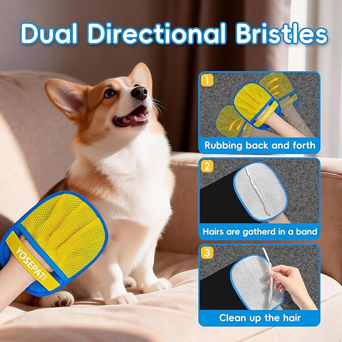 YOSEPATI Pet Hair Removal Glove, Five-Finger Magic Brush Electrostatic Mitt 2 PCs, Pet Hair Remover Tool for Dog & Cat, Reusable Pet Hair Gloves Pet Grooming Needs, Fur Remover for Couch & Clothing