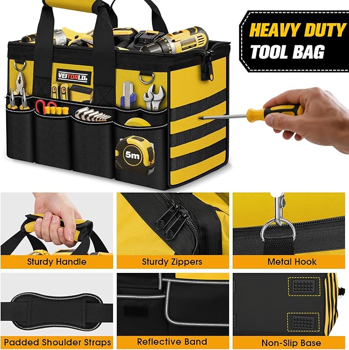 16-Inch Heavy Duty Tool Bag, 19-Pockets Tool Box Organizer, Portable Toolbag W/Soft Handle, Organized Storage, Mechanic Gifts for Him Men Husband Valentines Day, Wide Mouth Electrician Toolbox, Yellow