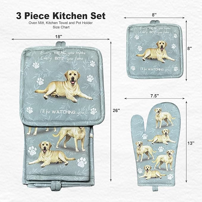 Yellow Labrador 3-Piece Kitchen Set - Oven Mitt, Pot Holder & Kitchen Towel Set, Heat Resistant up to 420 F, Soft Quilted Cotton for Cooking, Baking, BBQ, Pet Lover Gift (Labrador Yellow)
