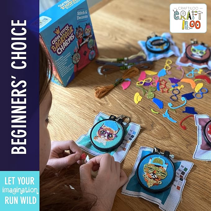 CRAFTILOO Cats Cross Stitch Kits for Beginners. 5 Stamped Cross Stitch Kits for Kids.Needlepoint Kits for Beginners. Embroidery Kit for Kids. Girls Cross Stitch kit (Cats)