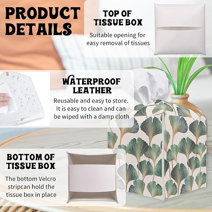 Ginkgo Leaves Square Tissue Box Holder Cover, Tissue Cube Box Organizer for Bathroom, Living Room, Office, Countertop, Car, Night Stands, Modern Home Desk Tabletop Decor - A04