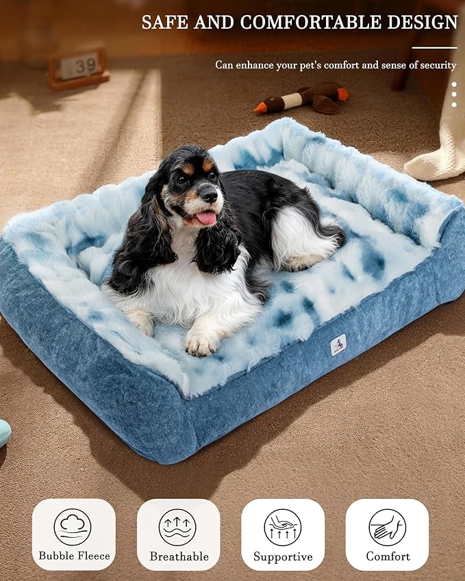 Welfibr Fluffy Faux Fur Dog Bed Medium Size Dog Washable Rasied Dog Bed Orthopedic Dog Bed with Sides Noiseless Supportive Foam Dog Couch Anti-Slip Comfort Pet Beds with Removable Cover Blue 42"