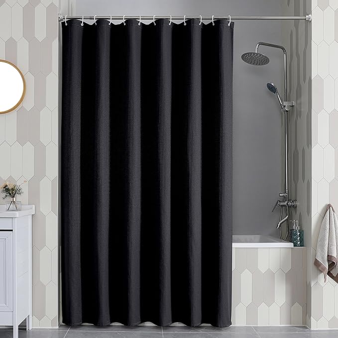 OVZME Extra Long Shower Curtain Set - 84 Inch Long Waffle Weave Heavy Duty Cloth Shower Curtain for Bathroom, Luxury Weighted 230GSM Bath Curtain Set with 12 Plastic Hooks, 72x84, Black