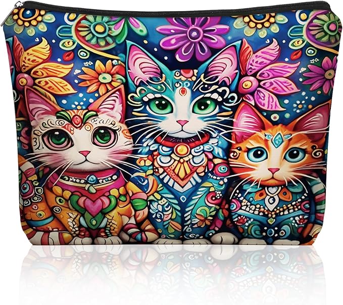 Girlly Bohemian Cat Mom Makeup Bag Valentines Day Gift: Cute Boho Cats Themed Cosmetic & Toiletry Organizer Pouch For Daughters, Sisters, Friends,Teen Girls & Women.Ideal Gift For Travel, Birthdays.