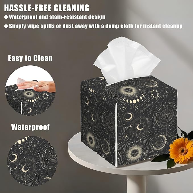 Zodiac Signs Leather Tissue Box Holder Moon Phases Tissue Box Cover Facial Paper Case Organizer Cube Napkin Dispenser for Bathroom Vanity Countertop Night Stand Office Car