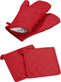 Oven Mitt + Pot Holder 100% Cotton Heat Resistant Kitchen Oven Gloves (7"x13") & Hot Pads (8"x8") for Gifts, Chef, Women & Men - Red