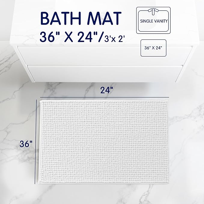 SUBRTEX Bathroom Rugs, 24" x 36" Chenille Bath Rug Soft Short Plush Bath Mat Soft Shower Mat Water Absorbent Shower Mat Quick Dry Machine Washable, White