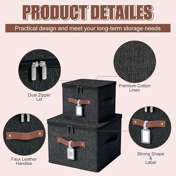 Fiwochic 6 Pack Fabric Storage Bins with Lids and Label, 10×8×7Inch Foldable Cotton Linen Cute Storage Boxes with PU Leather Handles for Closet, Bedroom, Shelf, Nursery, Black