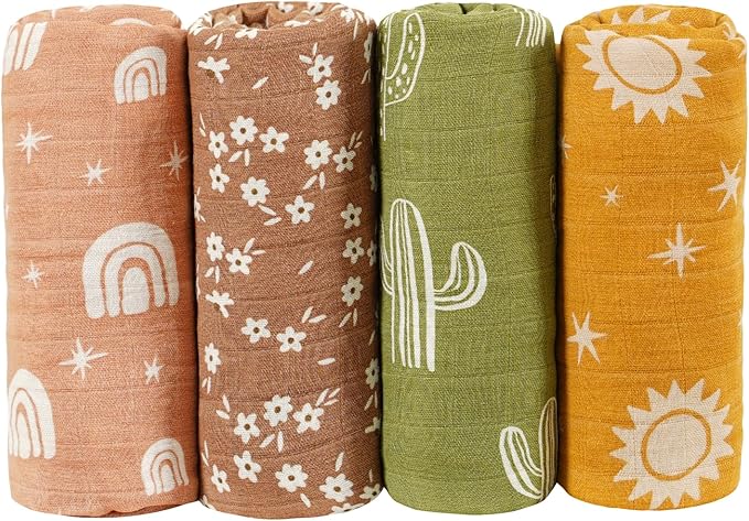 CoolaPeach 4 Set Muslin Swaddle Blankets for Newborn Baby Boys, Girls,Receiving Blankets-Cute Soft Print Baby Towel Wrap 120x110cm Baby(Cactus)