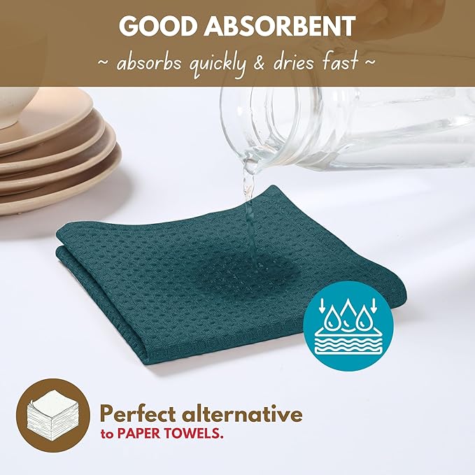 Native Fab 100% Cotton Dish Towel & Dishcloths Set - 8 Piece Set, Soft, Absorbent, Fast Drying, Durable Towels for Cleaning, Baking, Cooking - Great for Home, Kitchen & Restaurant Use - Teal Green