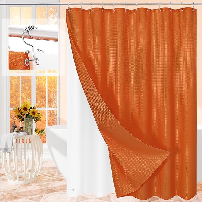 Craidlela 3 in 1 Extra Long Burnt Orange Shower Curtain Set-72 W x 84 H, Modern Waffle and PEVA Liner Set with 12 Stainless Steel Hooks, Waterproof Fabric for Bathroom