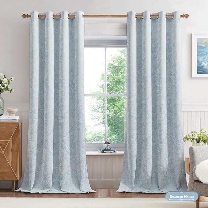 Beauoop Blue Floral Jacquard Blackout Curtains 63 Inches Long 2 Panels for Bedroom Living Room Chenille Flower Room Darkening Thermal Insulated Soundproof Grommet Window Treatments Drapes, 52x63