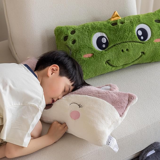 Snugtown Stuffed Animal Lumbar Pillow, Super Soft Plush Cuddle Throw Pillow for Kids, Cute Dinosaur Shaped Pillow, 12 x 24 Inches, Green