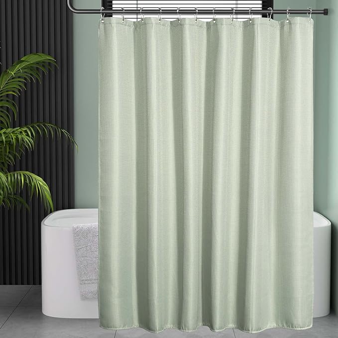 AmazerBath Sage Green Shower Curtain Fabric, Waffle Shower Curtain Cloth, Heavy Duty 240GSM, Hotel Quality Bathroom Shower Curtains, 72 x 72 Inches