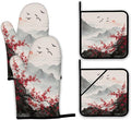Cherry Blossom Moutain Oven Mitts and Pot Holders,Red Sun Japan Heat Resistant Oven Mitts Gloves and Pot Holder for Home Kitchen Decorations Cooking Baking BBQ Gifts,Set of 4