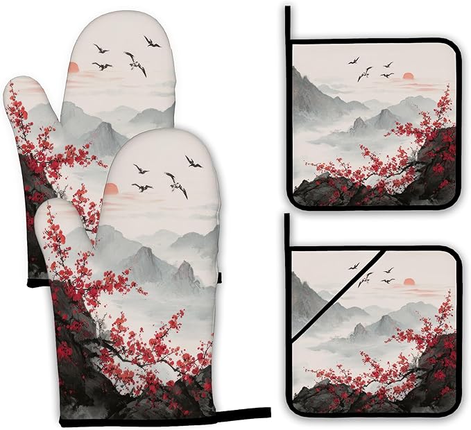 Cherry Blossom Moutain Oven Mitts and Pot Holders,Red Sun Japan Heat Resistant Oven Mitts Gloves and Pot Holder for Home Kitchen Decorations Cooking Baking BBQ Gifts,Set of 4