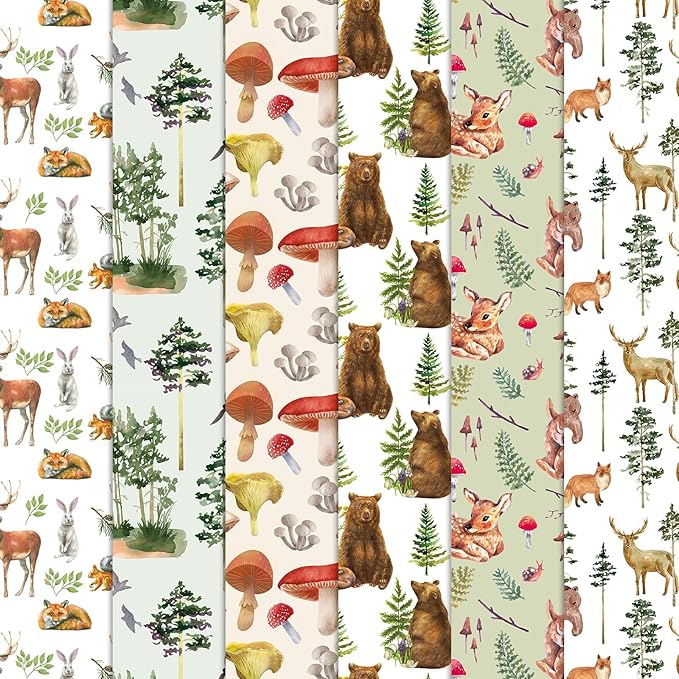 JarThenaAMCS 6Pcs Woodland Cotton Fabric Bundles Watercolor Forest Fat Quarters Bear Deer Mushroom Tree Quilting Patchwork for DIY Sewing Craft Decor, 18 x 22 Inch