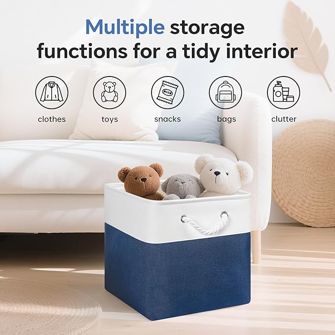 ECDYQXVU 13x13 Inch Cube Storage Bins with Reinforced Bottom Cardboard, 6 Pack Large Foldable Fabric Storage Cubes with Handles for Shelf, Closet, Laundry Organization (White&Navy Blue)