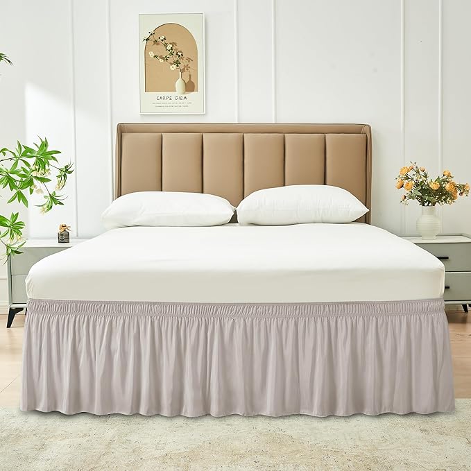 Biscaynebay Wrap Around Bed Skirts for Full & Full XL Beds 15" Drop, Camel Grey Adjustable Elastic Dust Ruffles Easy Fit Wrinkle & Fade Resistant Silky Luxurious Fabric Machine Washable
