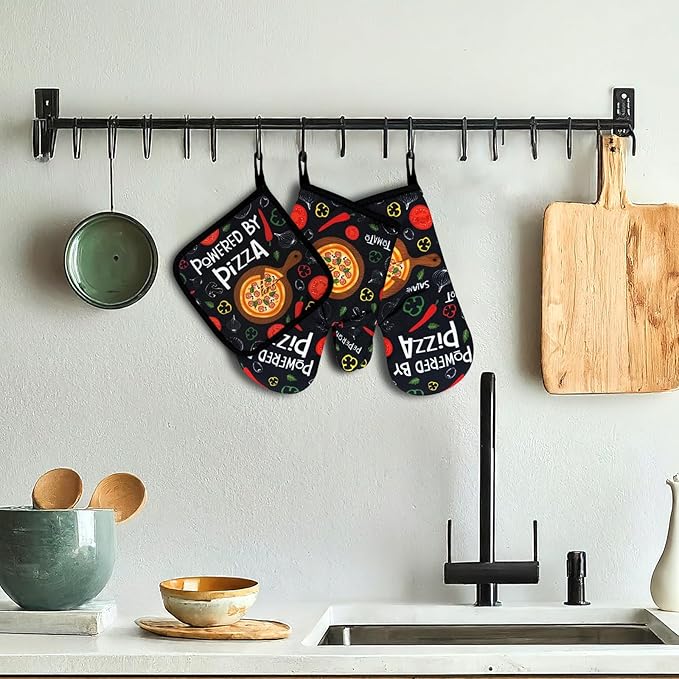Funny Oven Mitts and Pot Holders Set of 3, Powered by Pizza, Heat Resistant Non-Slip Kitchen Mitts Hot Pads, Pizza Lover Gifts, Christmas Baking Gifts for Women Hostess Mom Wife Chef Baker