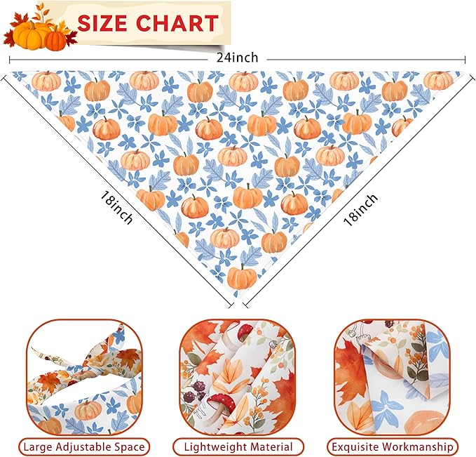Fall Dog Bandana Reversible 2 Pack Small, Cute Autumn Pumpkin Leaves Fall Pet Bandanas Set Adjustable Triangle Holiday Scarves for Small Medium Boy Girl Dogs