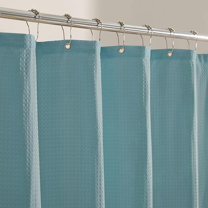 MONDAY MOOSE Scalloped Waffle Weave Shower Curtain with Rustproof Metal Grommet Holes for Bathroom, Machine Washable, Hooks Included (72x72 inch, Dark Blue/Sky Blue)