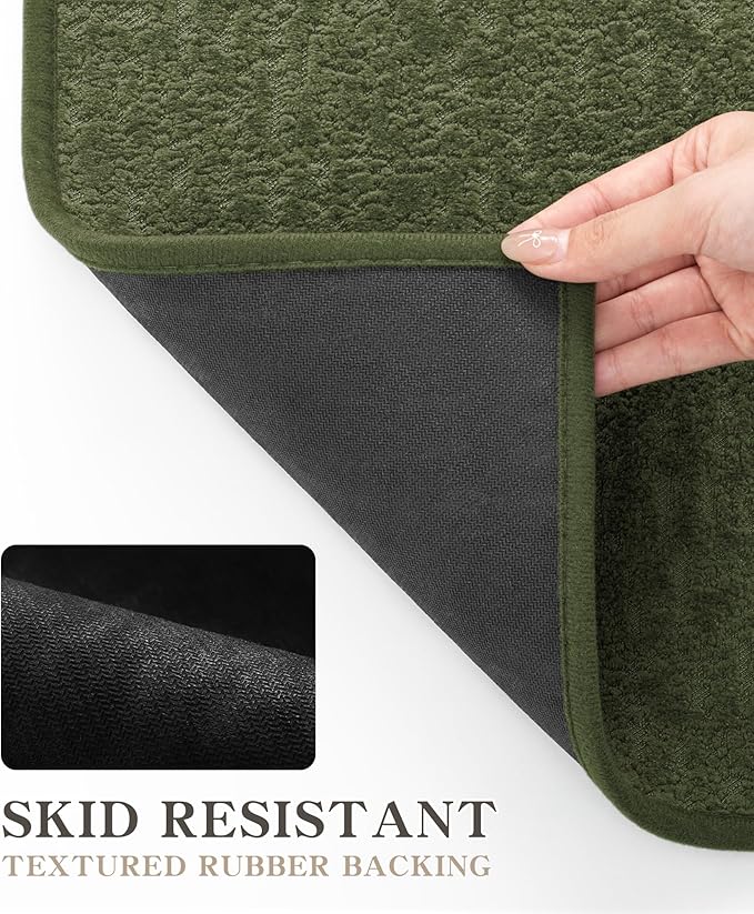 chakme Bathroom Rug Sets 5 Piece, Ultra Thin Bath Mat Quick Dry, Absorbent, Non Slip, Machine Washable, Dark Green, 17" x 24" / 17" x 30" / 17" x 59"