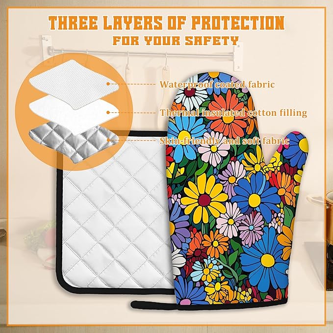 Abstract Hippie Flower Oven Mitts and Pot Holders,Heat Resistant Oven Mitts Gloves and Pot Holder for Home Kitchen Decorations Cooking Baking BBQ Gifts,Set of 4