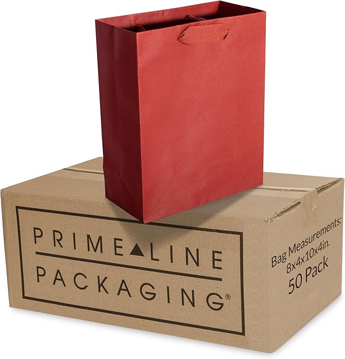Prime Line Packaging Red Gift Bags, Kraft Paper Christmas Gift Bags with Handles for Kids, Holidays, Wrapping, Weddings, Party Favors, Small Shopping Bags, 8x4x10, 50 Pack