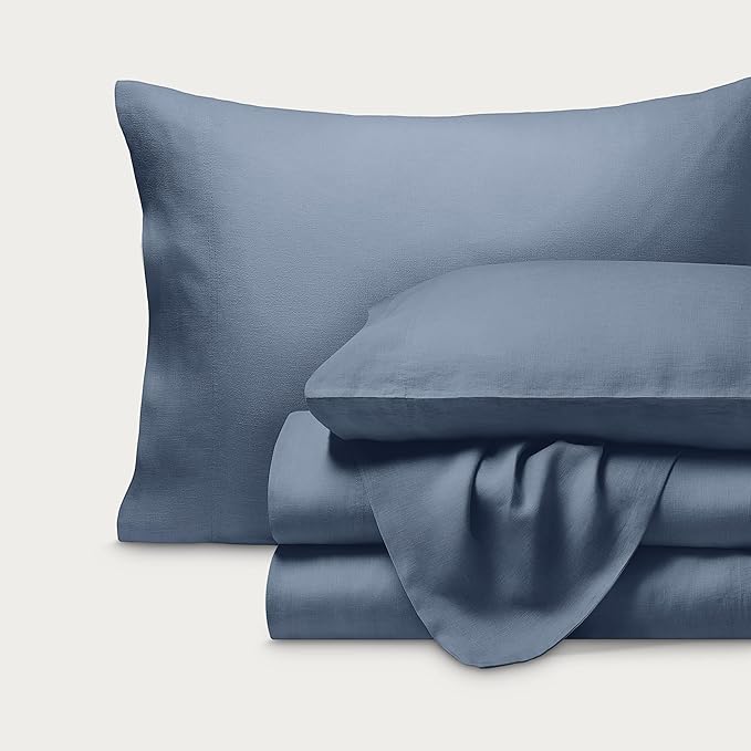 Bare Home Queen Sheet Set - Luxury 100% Linen Bed Sheets - Deep Pockets - Easy Fit - 4 Piece Set - Bedding Sheets & Pillowcases (Queen, Indigo)