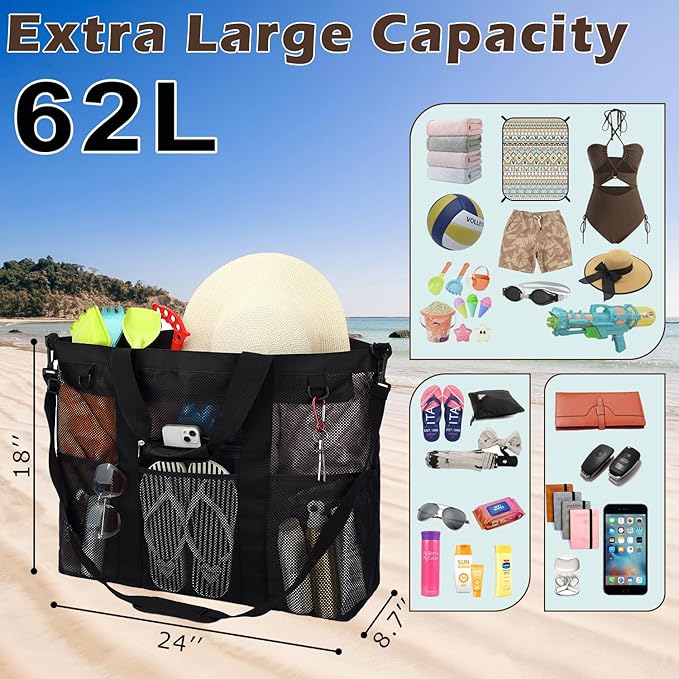 Fammart Mesh Beach Bag, Large Beach Tote with Zipper Pocket for Family Pool Bag for Toys & Vacation Essentials