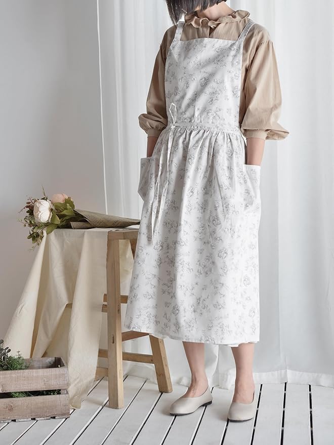 Japanese apron Women-Cross Back Apron for Women with Pockets, Pinafore Aprons, Womens Cotton Linen Apron
