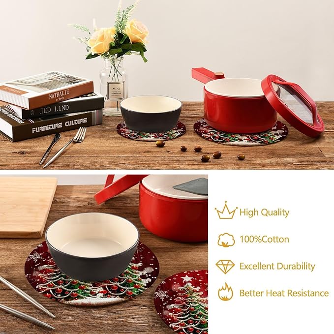 Boccsty Two Merry Christmas Trees Trivet Mat 2PCS Winter Snowflake Red Round Woven Potholders Kitchen Table Countertop Protector Hot Pads Farmhouse