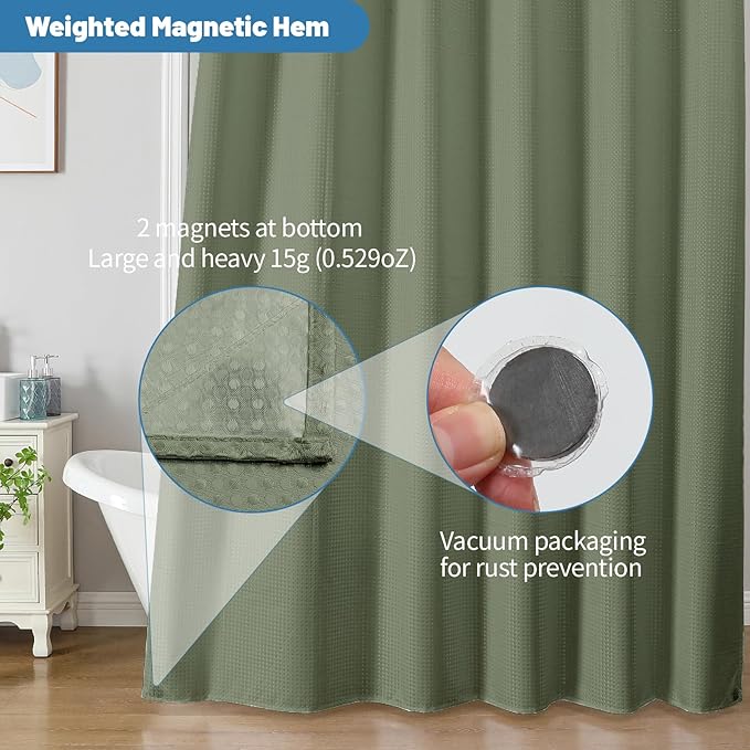 THAIGEE 2-in-1 Waterproof Fabric Shower Curtain - No Separate Liner Needed, Hotel-Style Waffle Weave, Effortless Cleaning & Washable Bathroom Shower Curtain Set,72Wx78H,SageGreen